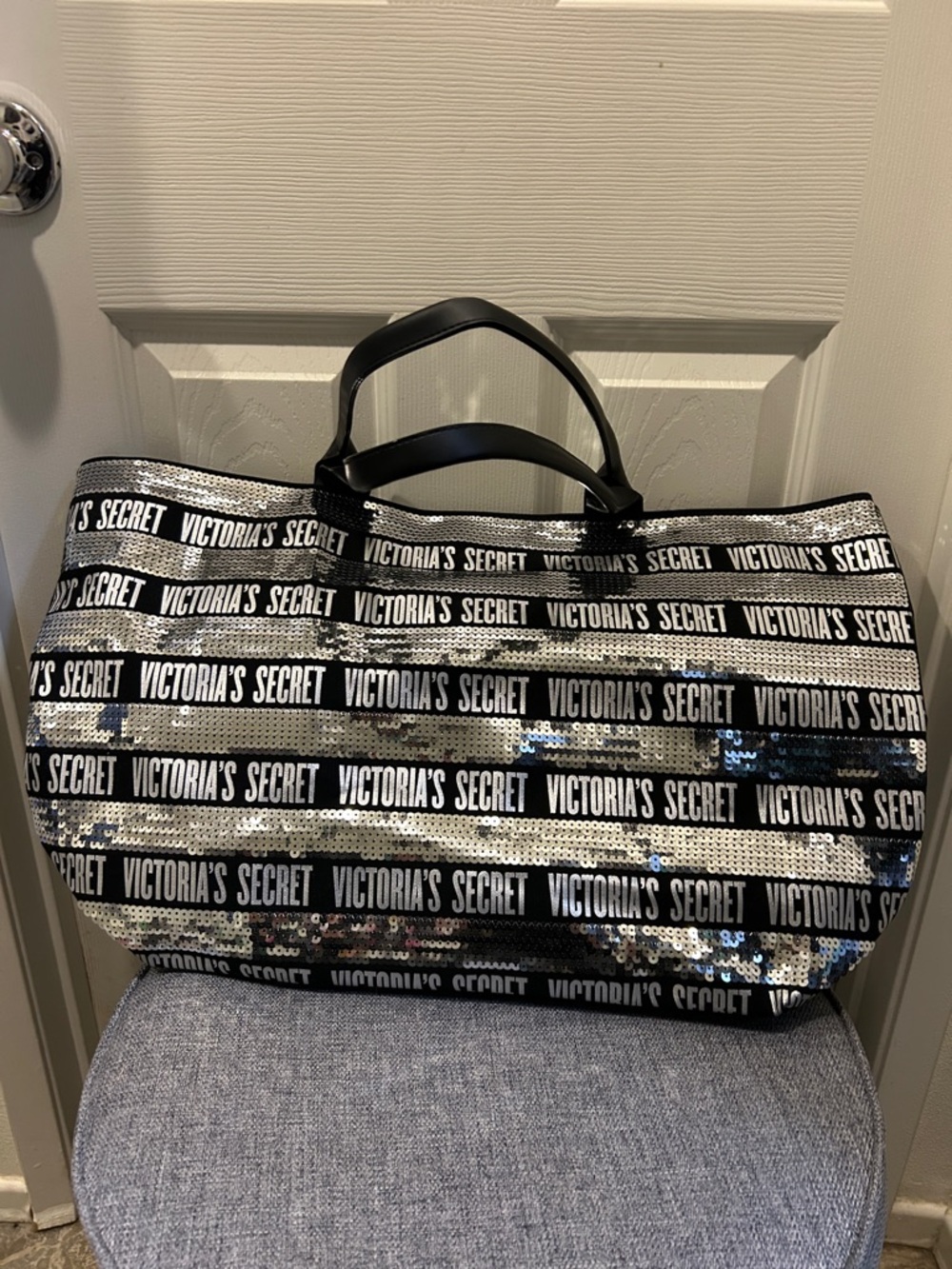 Victoria's Secret Black and Silver Sequin Logo Weekender Tote